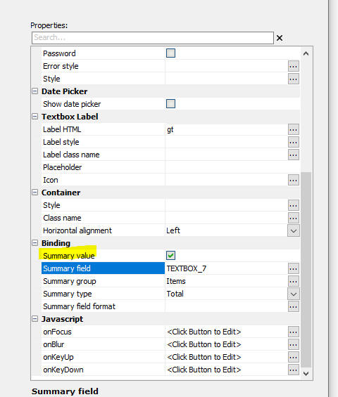 Configuring summary values for a field in a Repeat group.